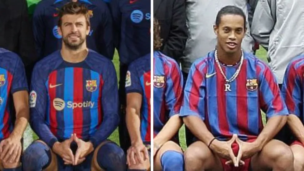 Antes de despedida no Barcelona, Piqué imita Ronaldinho em foto oficial